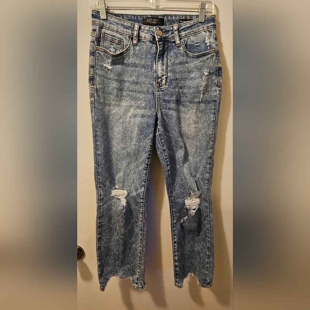 Judy Blue Jeans Blue Denim Cropped Bootcut Distressed Stretch Women's Size 7/28